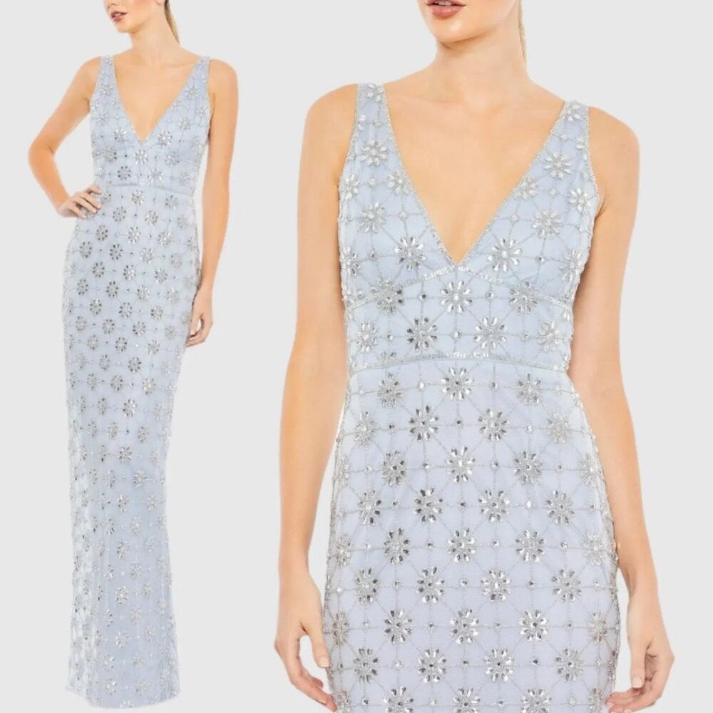 Mac Duggal A93744 Powder Blue Embellished V Neck Sleeveless Gown 10 $398 NEW - Picture 2 of 14